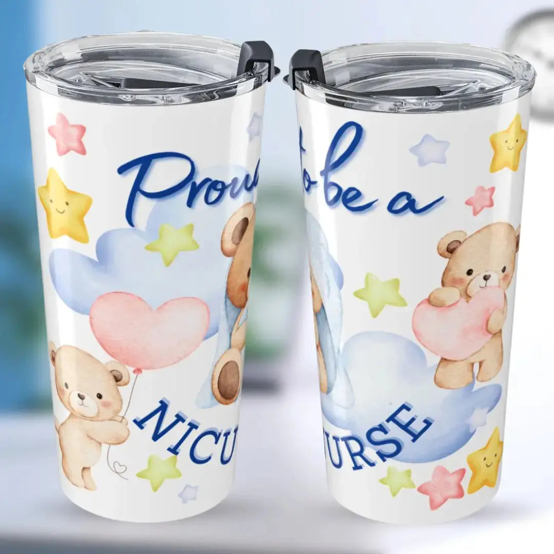 Two NICU tumblers with teddy bear designs and text on a light blue background
