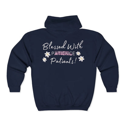 Navy blue hoodie with 'Blessed With Patients' text on a white background