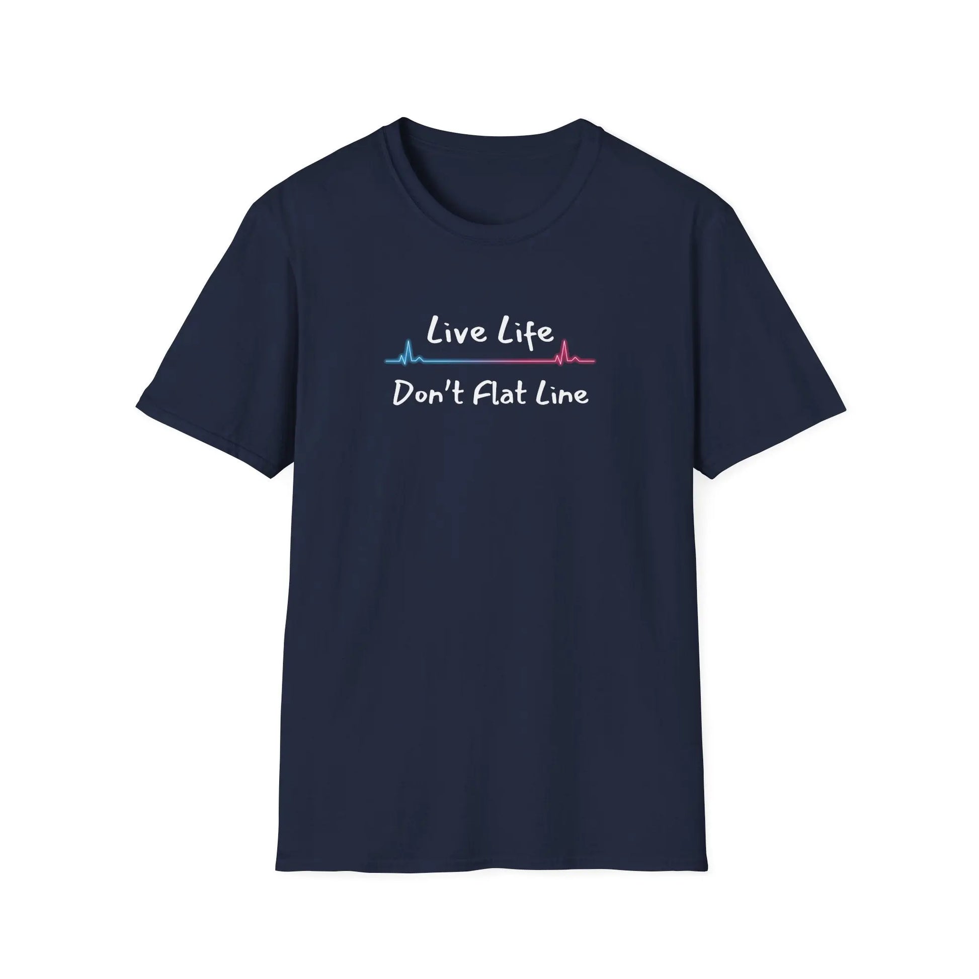 Navy blue t-shirt with 'Live Life Don't Flat Line' text and heartbeat logo on a white background