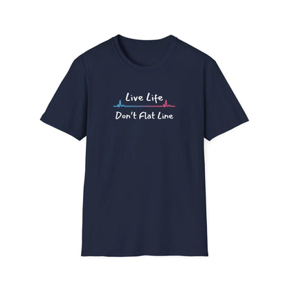 Navy blue t-shirt with 'Live Life Don't Flat Line' text and heartbeat logo on a white background