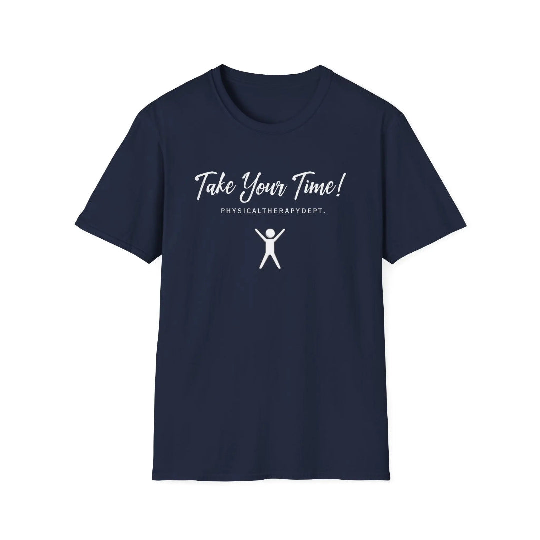 Navy tee with physical therapy logo with a white background