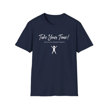 Navy tee with physical therapy logo with a white background