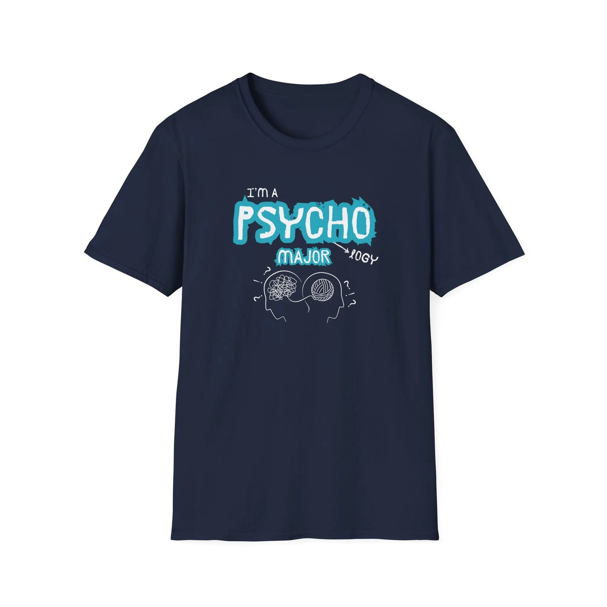 Navy blue t-shirt with 'I'm a Psychology Major' text and graphic on a white background