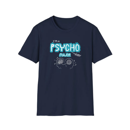 Navy blue t-shirt with 'I'm a Psychology Major' text and graphic on a white background