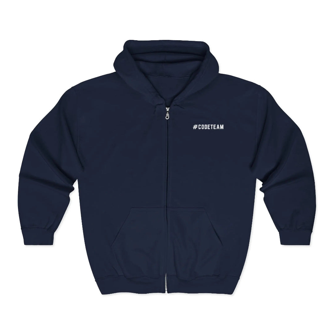 Navy blue hoodie with '#CODETEAM' text on a white background