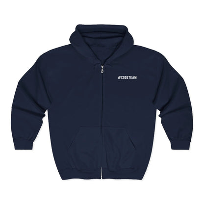 Navy blue hoodie with '#CODETEAM' text on a white background