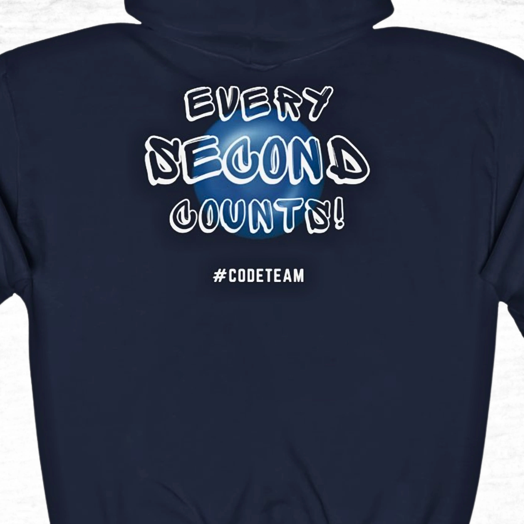 Navy blue hoodie with white text 'Every Second Counts! #CODETEAM' on a white background