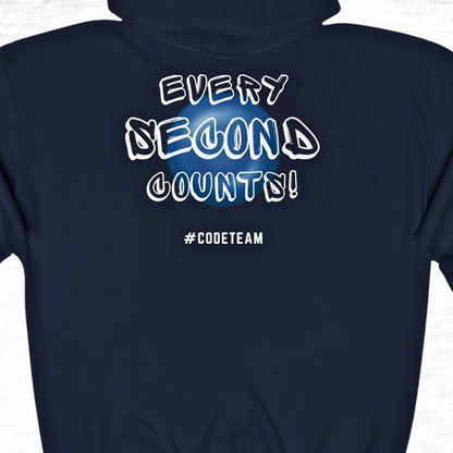 Navy blue hoodie with white text 'Every Second Counts! #CODETEAM' on a white background