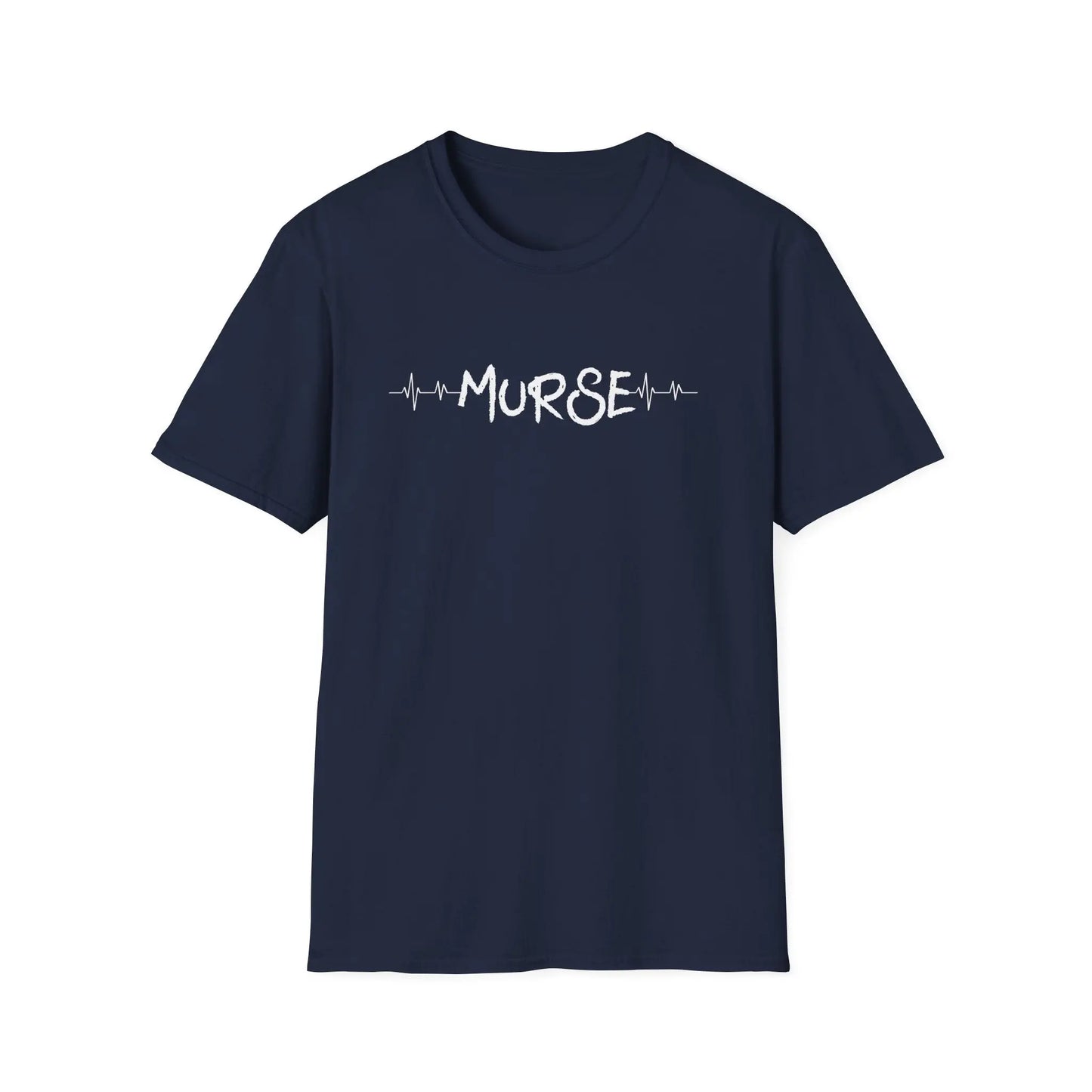 Navy blue t-shirt with 'MURSE' text on a white background
