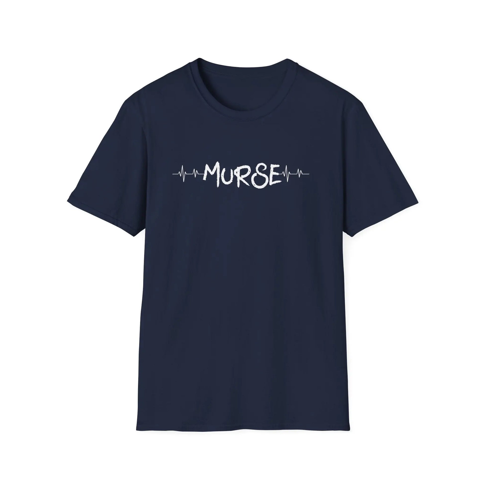 Navy blue t-shirt with 'MURSE' text on a white background