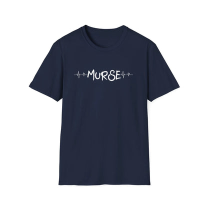 Navy blue t-shirt with 'MURSE' text on a white background