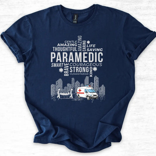 Navy Paramedic Tribute T-Shirt with words of courage on a light gray background.