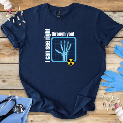 Navy blue radiology medical-themed graphic on a wooden surface with medical accessories.