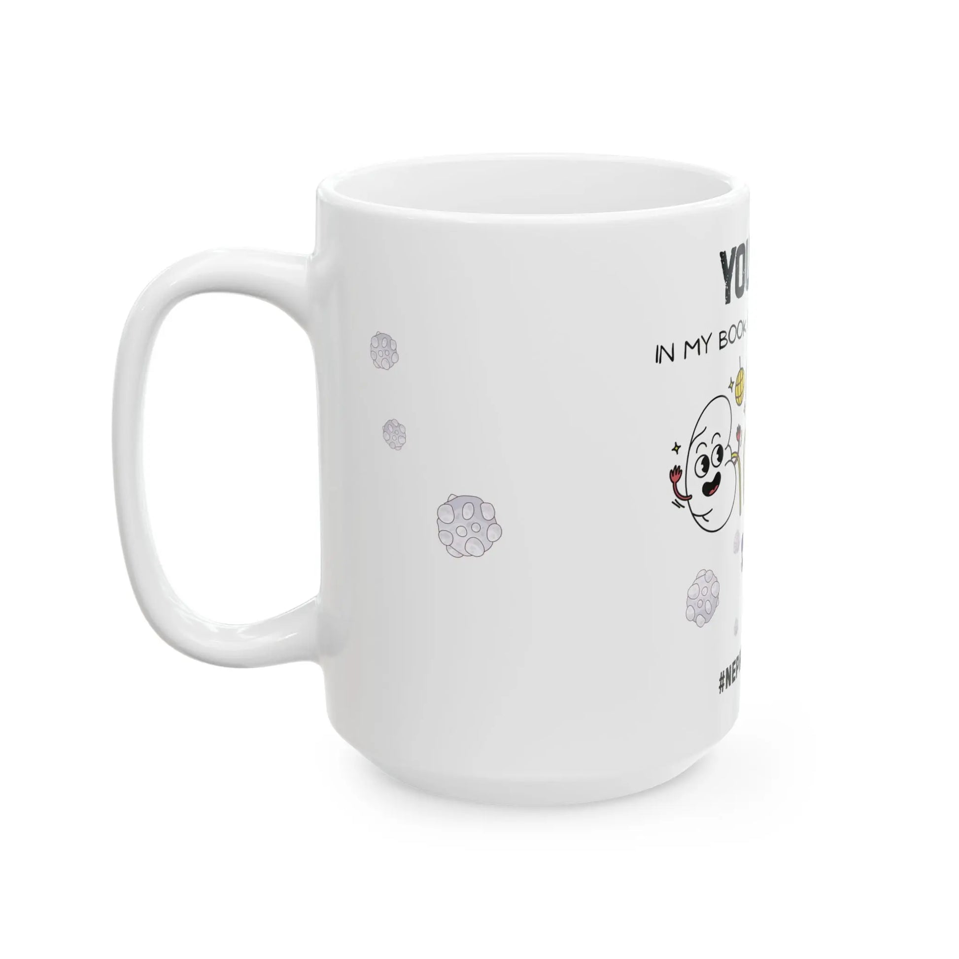 White mug with cartoon character and text on a white background