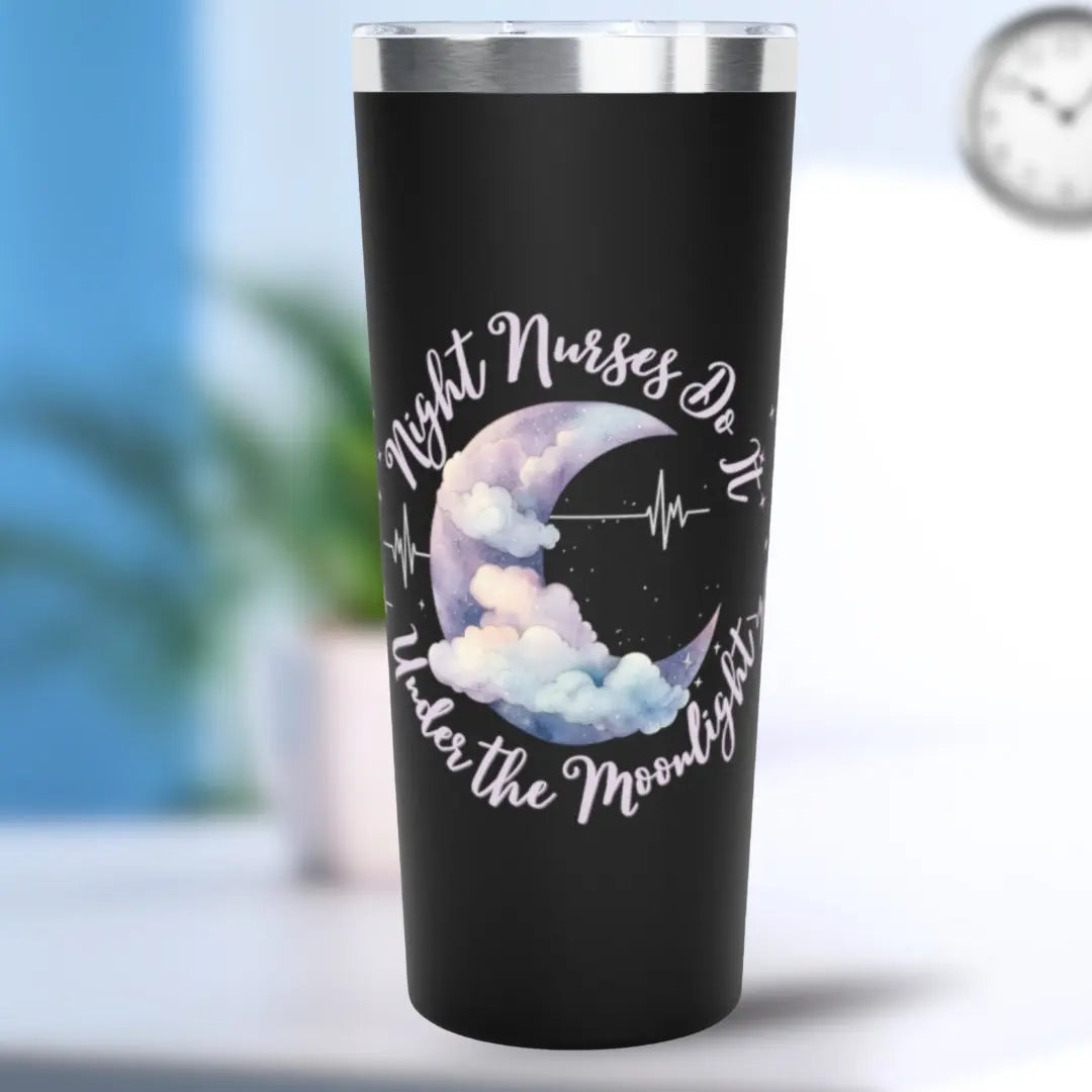 Black stainless steel tumbler with moon design and 'Night Nurses Do It Under The Moonlight' text on a blurred background