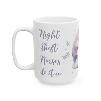 White mug with 'Night Shift Nurses do it in' text and star design on a white background