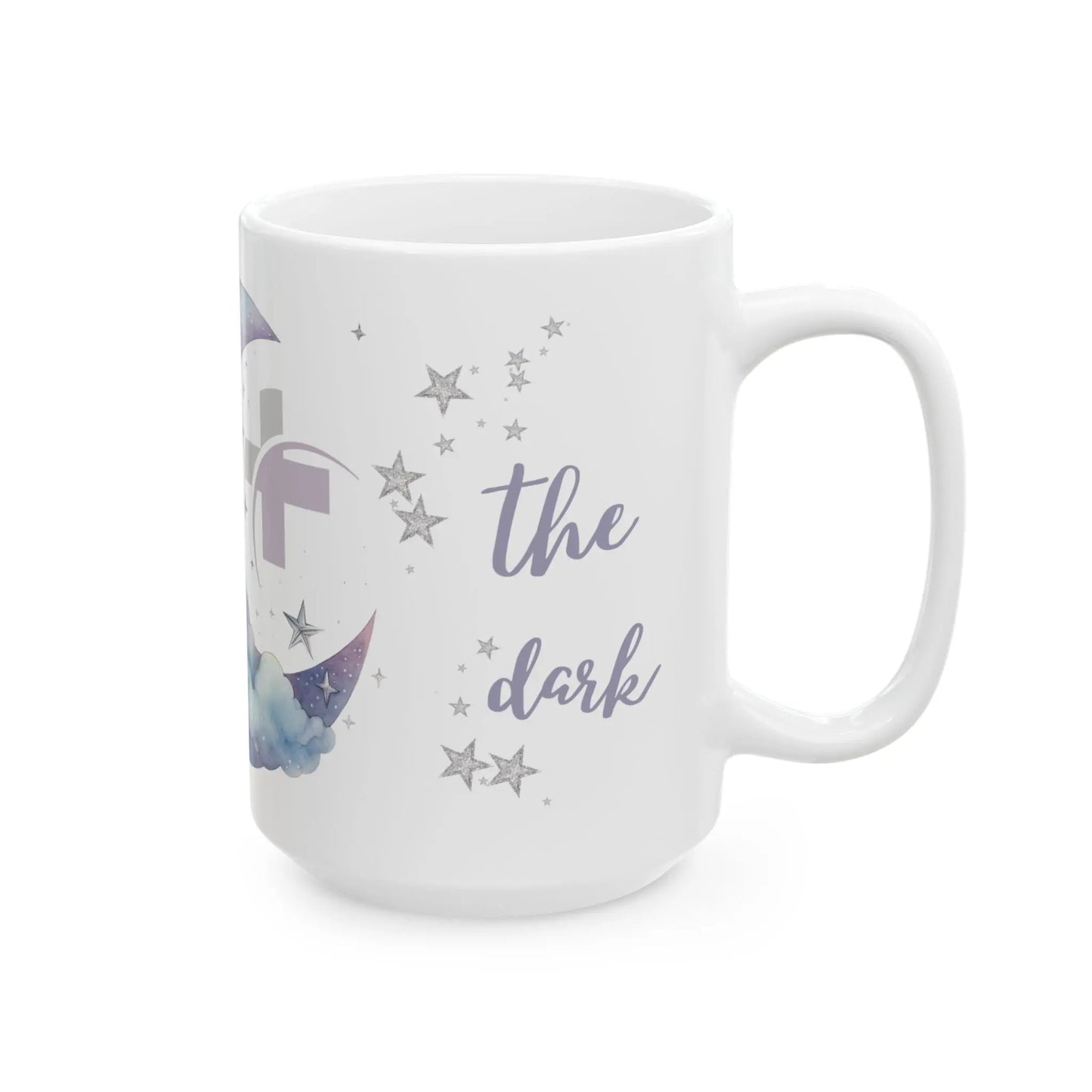 White mug with star and moon designs and 'The Dark' text on a white background