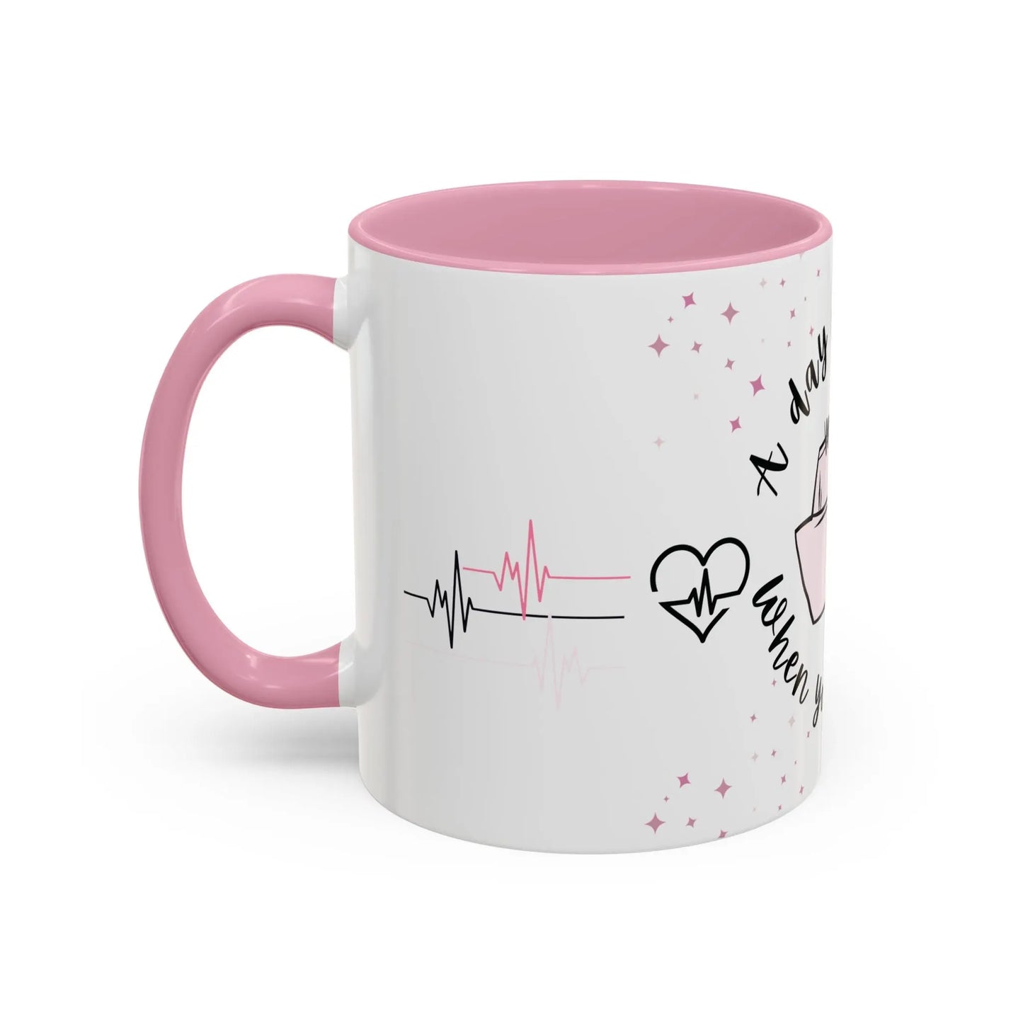 White mug with pink interior and handle, featuring heart designs and text on a white background.