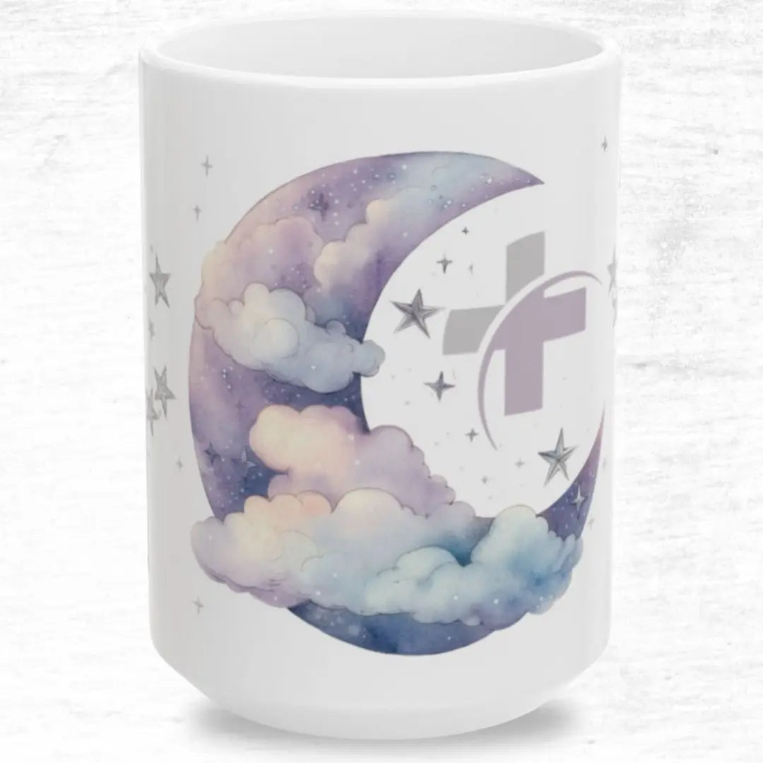 White mug with a moon and cloud with medical cross logo on a light gray background