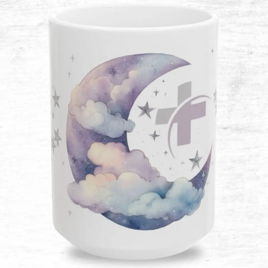 White mug with a moon and cloud with medical cross logo on a light gray background
