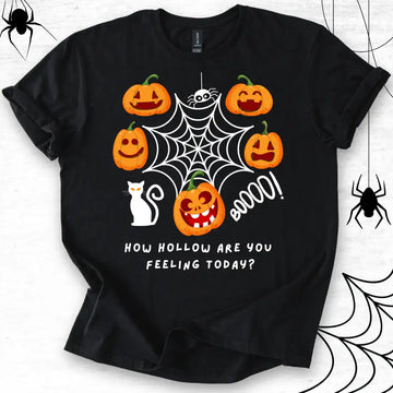 Black t-shirt with Halloween logo and 'How Hollow Are You Feeling' text featuring pumpkins on a grey background.