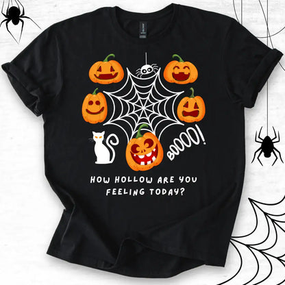 Black t-shirt with Halloween logo and 'How Hollow Are You Feeling' text featuring pumpkins on a grey background.