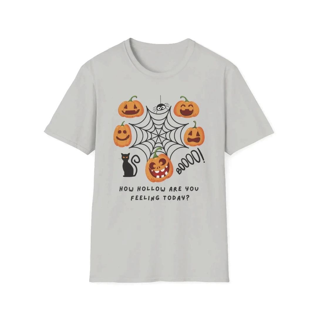Gray t-shirt with Halloween logo featuring pumpkins and 'How hollow are you feeling today' text on a white background