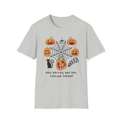 Gray t-shirt with Halloween logo featuring pumpkins and 'How hollow are you feeling today' text on a white background