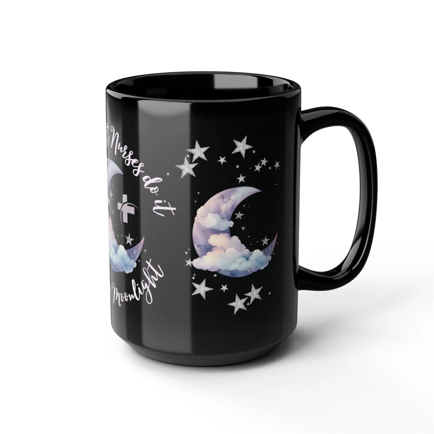 Black mug with moon and stars logo and 'Nurses Do It' text on a white background