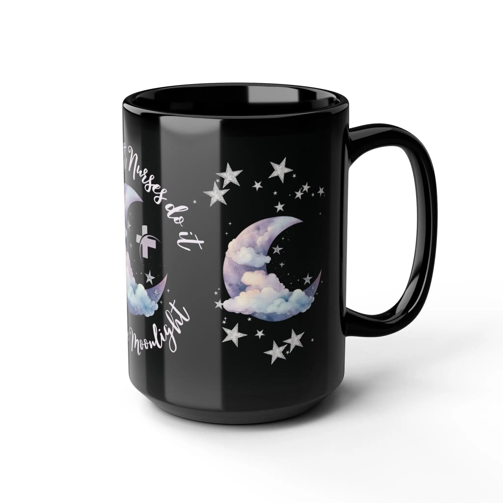 Black mug with moon and stars logo and 'Nurses Do It' text on a white background