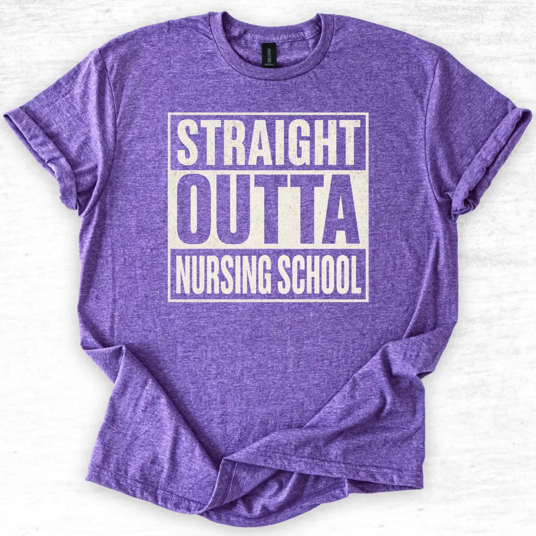 Purple t-shirt with 'Straight Outta Nursing School' text on a white background
