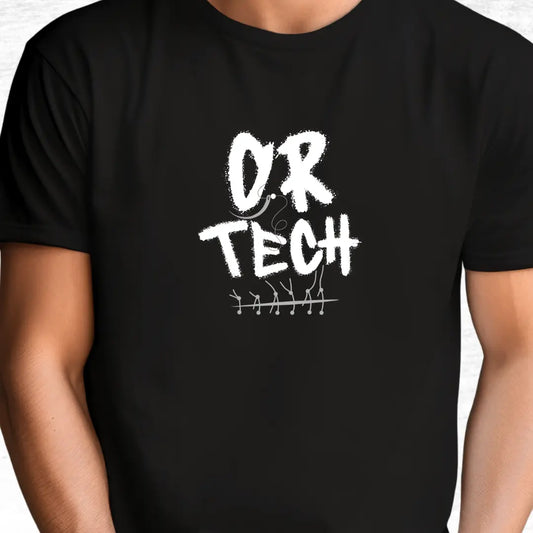 Black t-shirt with 'OR TECH' printed in white on a plain background