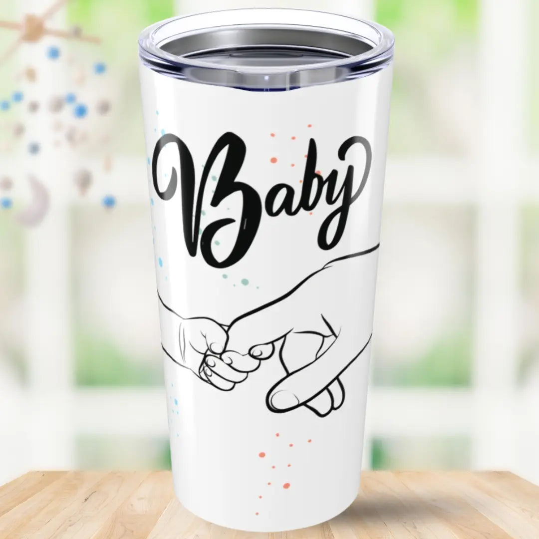 Tumbler with 'Baby' and hand illustrations on a white background