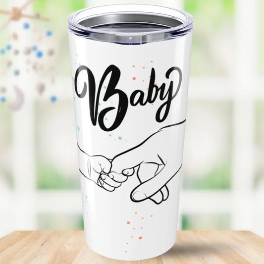 Tumbler with 'Baby' and hand illustrations on a white background