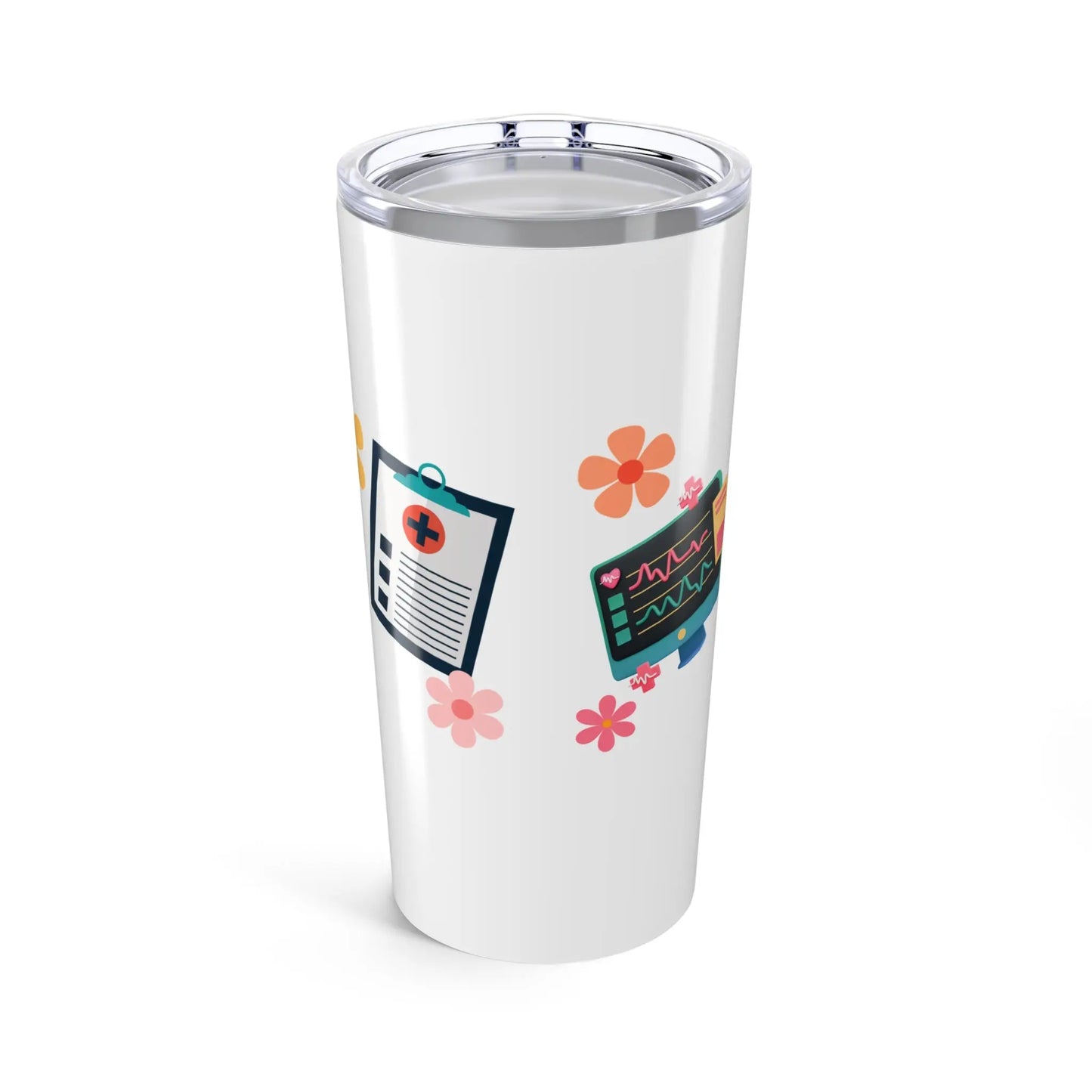 White tumbler with colorful medical designs and flowers on a white background