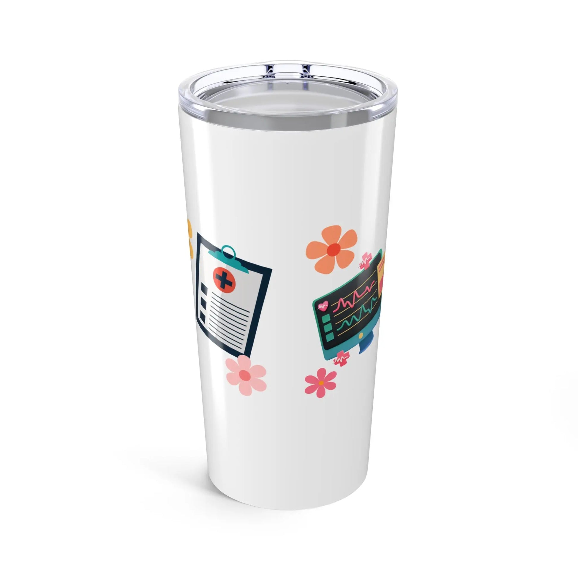 White tumbler with colorful medical designs and flowers on a white background