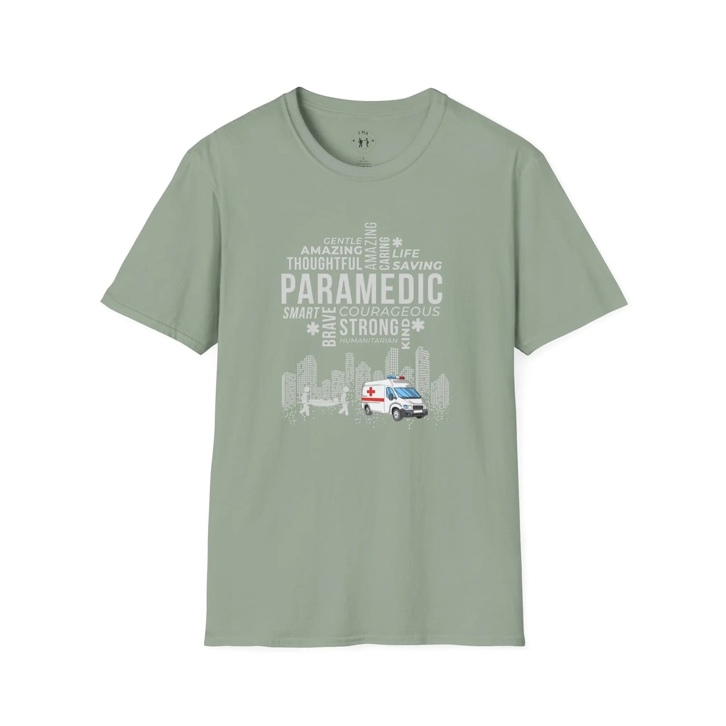 Sage Paramedic Tribute T-Shirt with ambulance illustrations on a white background