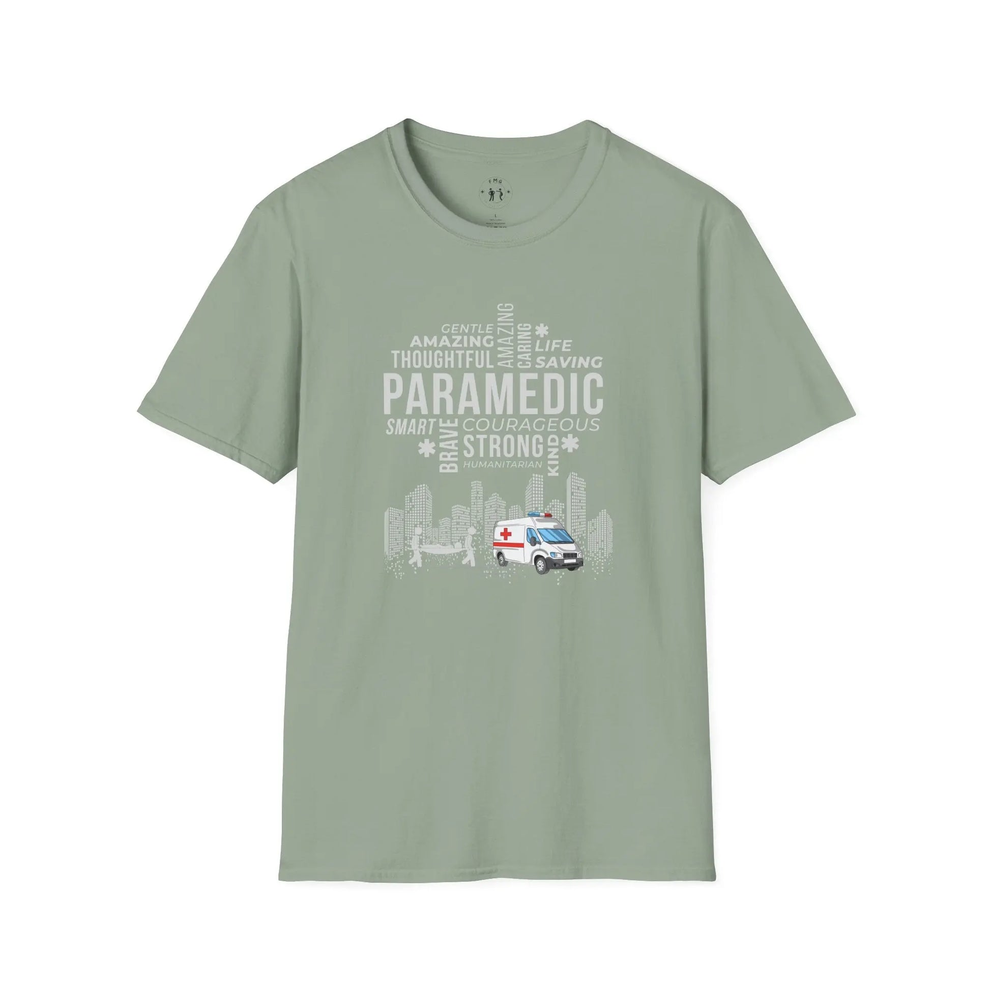 Sage Paramedic Tribute T-Shirt with ambulance illustrations on a white background