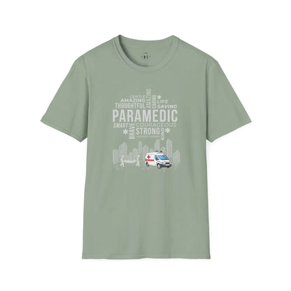 Sage Paramedic Tribute T-Shirt with ambulance illustrations on a white background