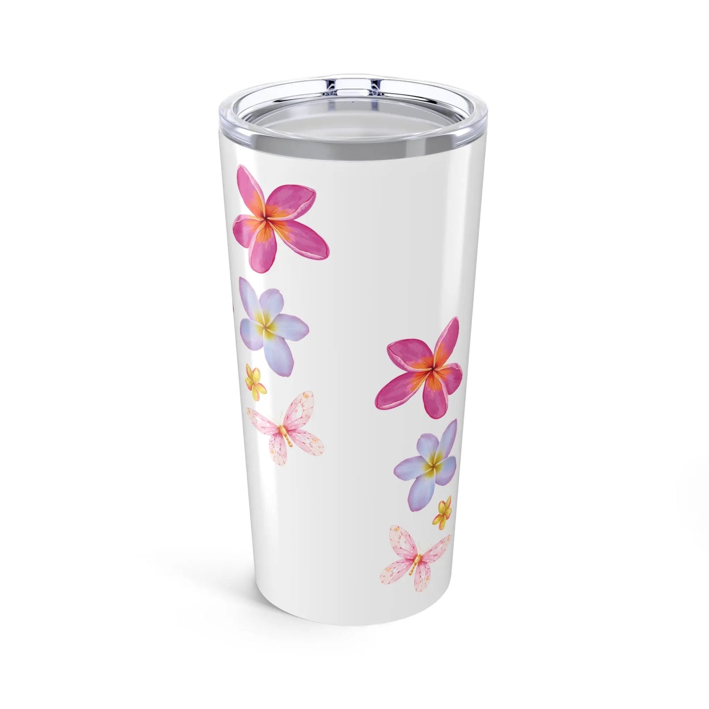 White tumbler with colorful floral designs on a white background