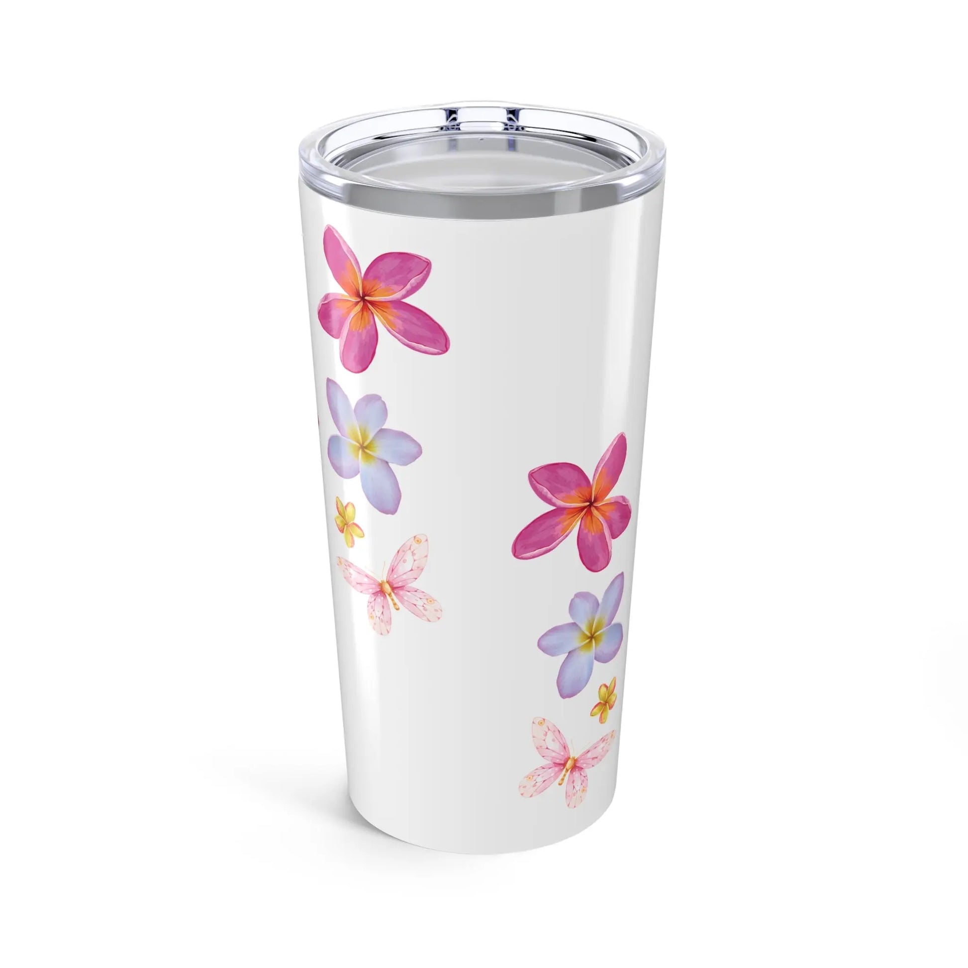 White tumbler with colorful floral designs on a white background