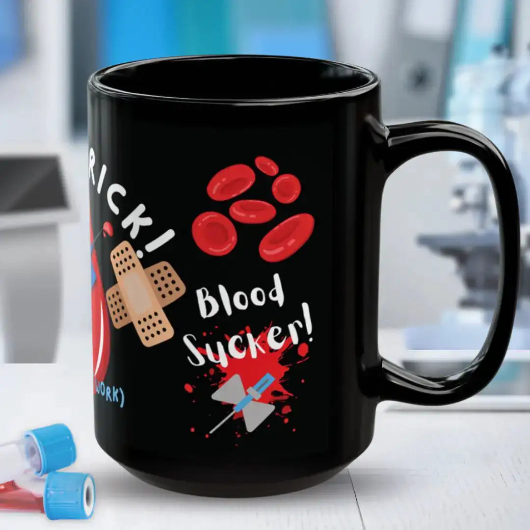 Black mug with blood graphic design featuring 'Blood Sucker' text and medical symbols on a blurred indoor background