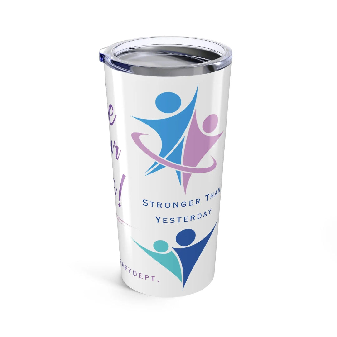 Tumbler with a physical therapy motivational logo on a white background