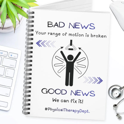 Funny physical therapy notebook with a physical therapy logo and figurine on a desk.