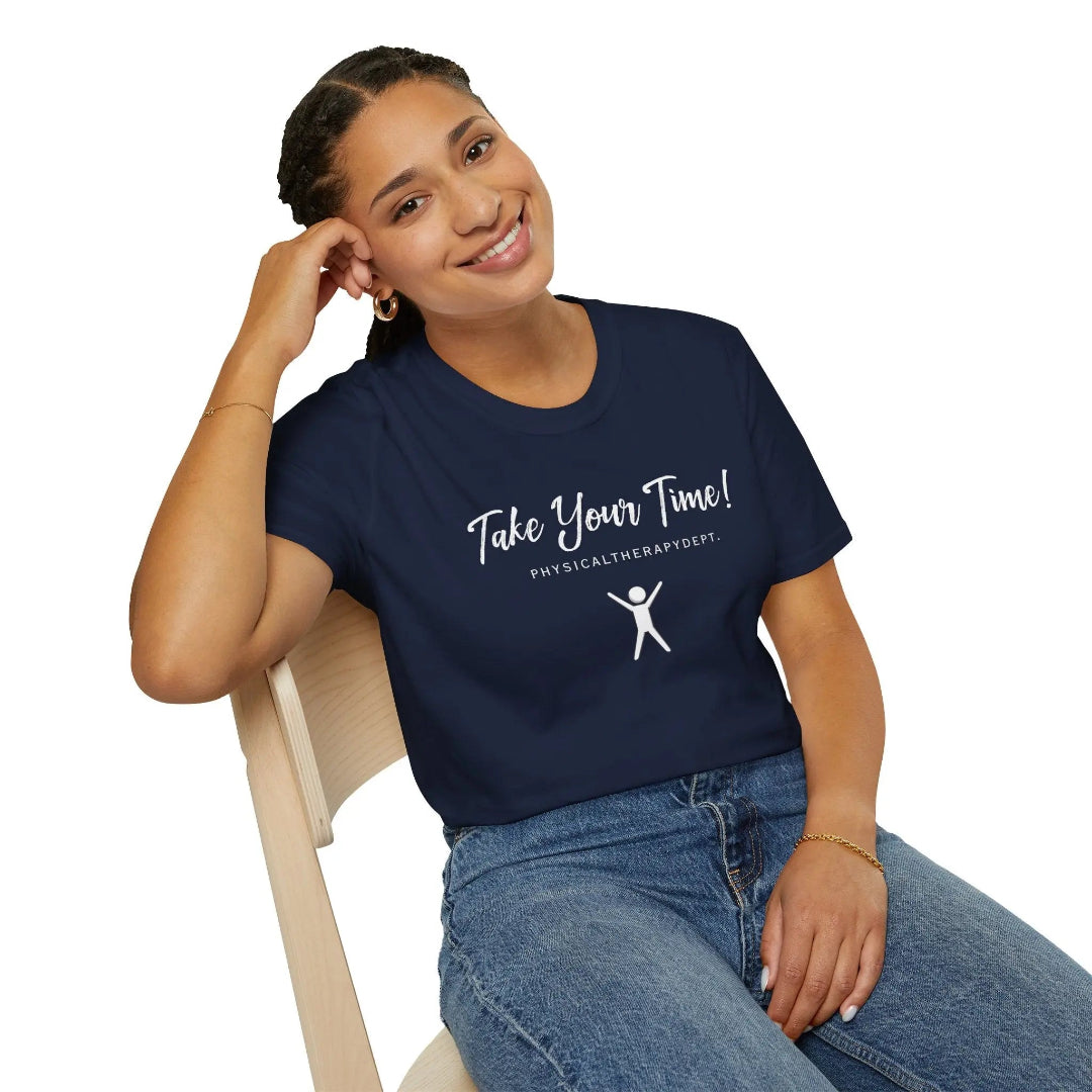 Woman wearing a navy blue t-shirt with 'Take Your Time! Physical Therapist' logo and graphic.