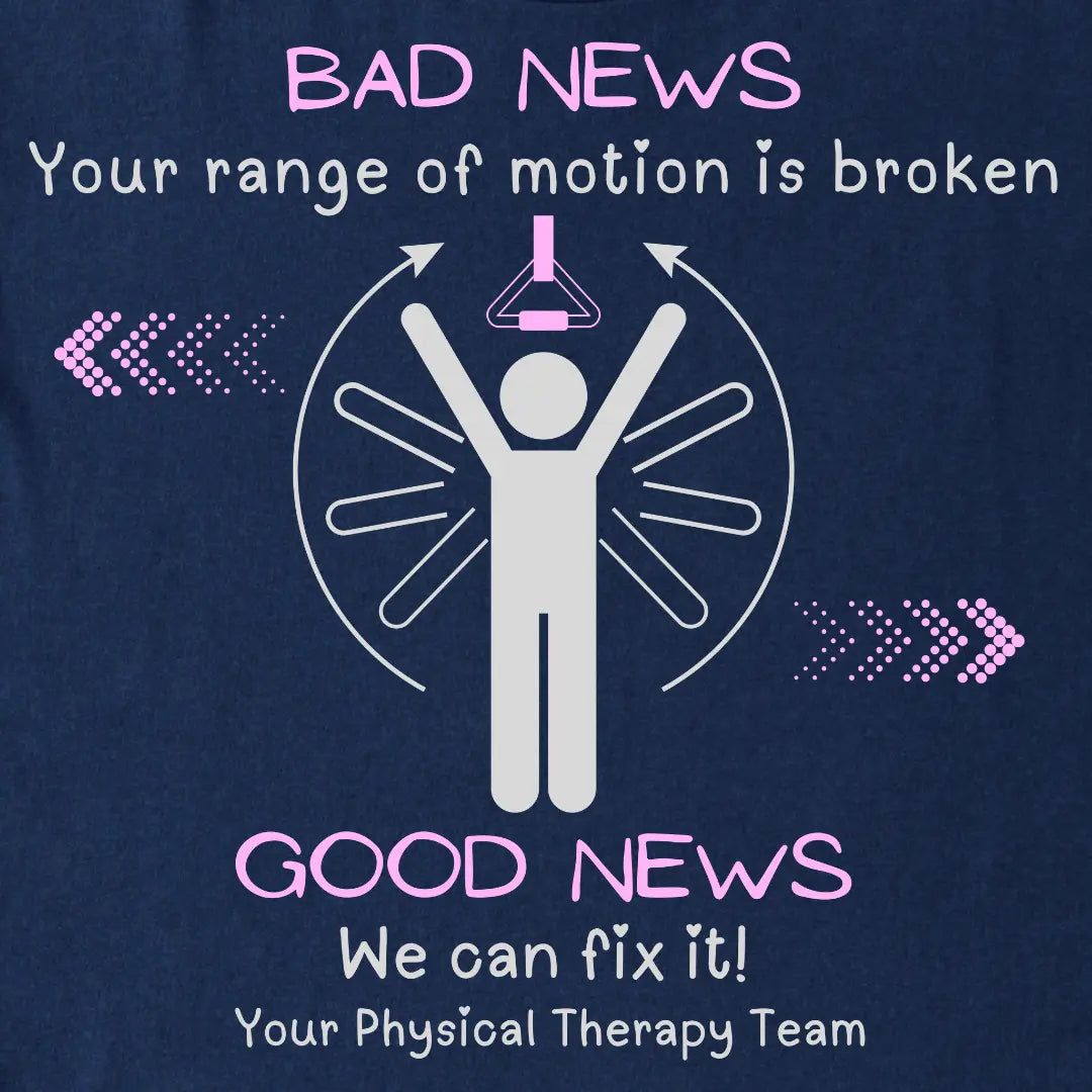 Navy blue t-shirt with a graphic and text about physical therapy on a dark background