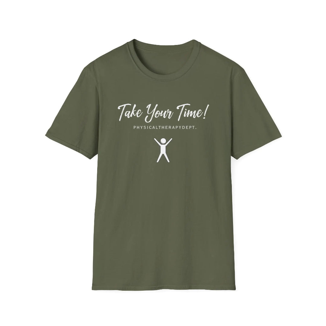 Military green t-shirt with 'Physical Therapy Department' logo with a white background