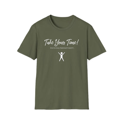 Military green t-shirt with 'Physical Therapy Department' logo with a white background