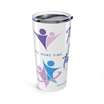 White stainless steel tumbler with "one more time" logo on a white background