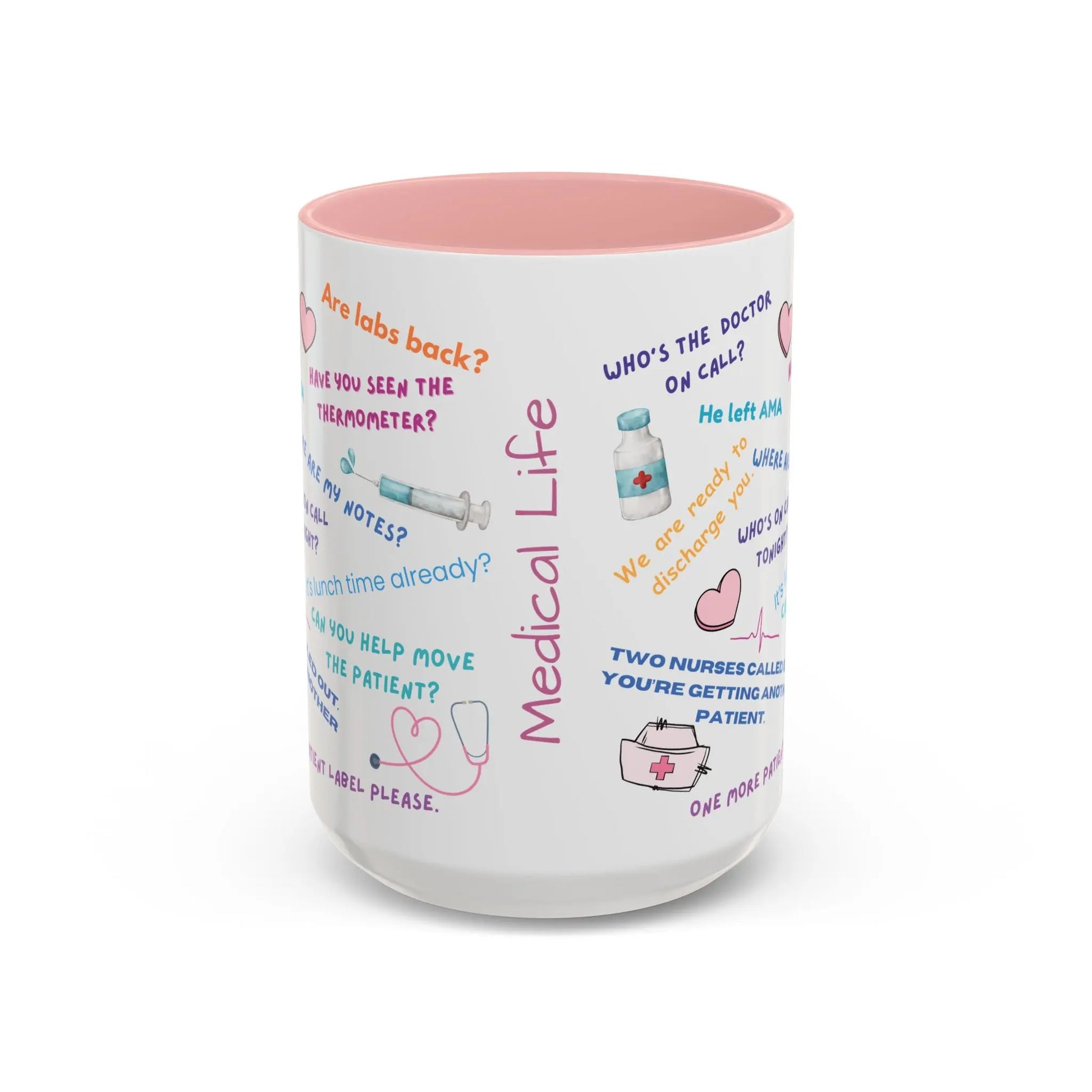 White mug with pink interior colorful text and graphics on a white background